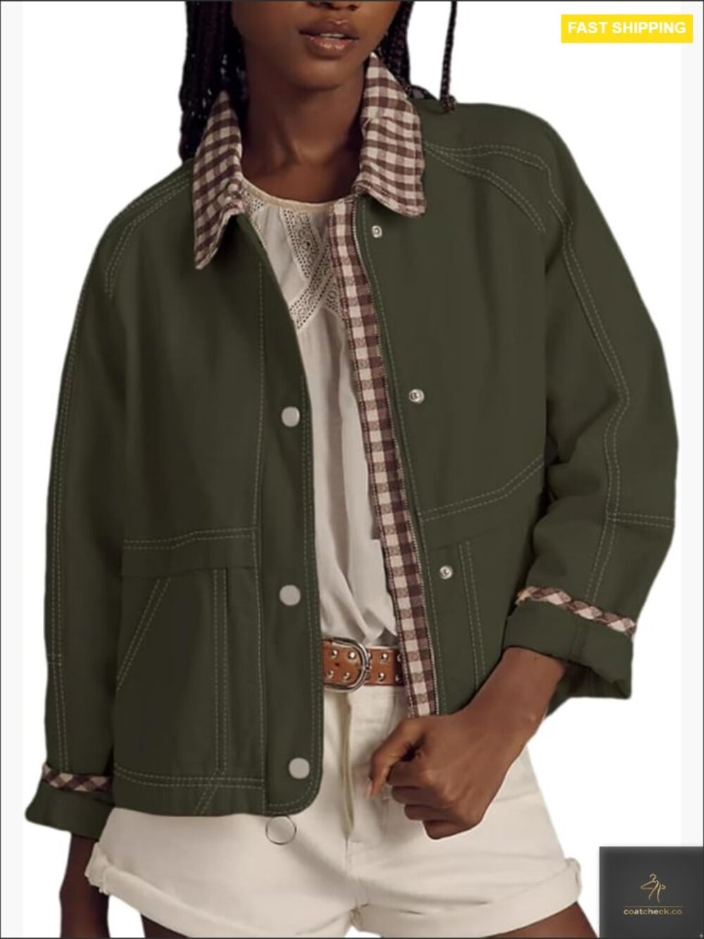 Button Front Jacket Loose Plaid Cuffs Collar Trendy Coat with Pockets Spring